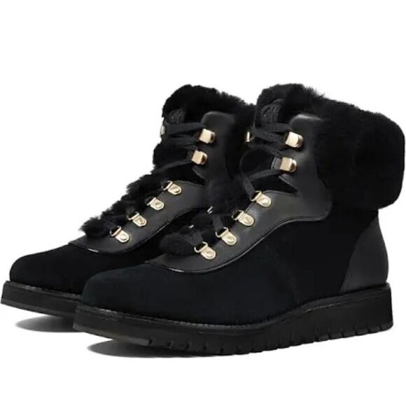 Cole Haan Winter Fur Boots Size 7B Womens Waterproof Black Lugged Sole - Picture 1 of 10